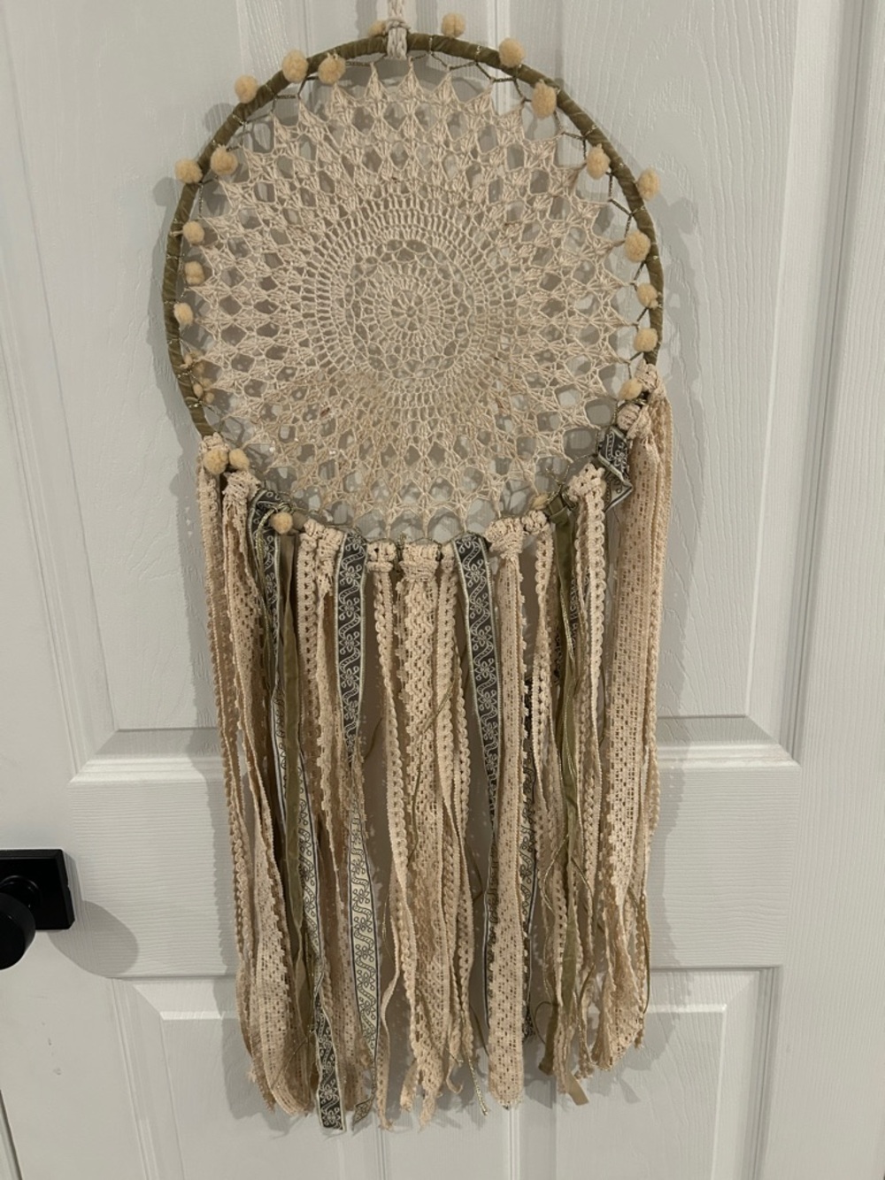 Boho Crochet Dreamcatcher Wall Hanging in Cream & Olive